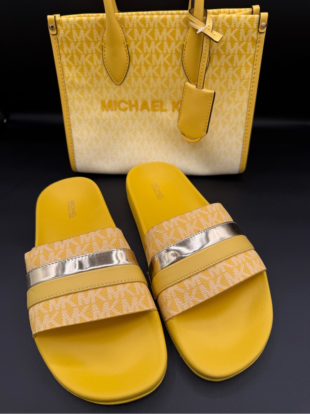 Michael Kors Yellow Logo Tote and Yellow Slide Sandals with Gold Accent